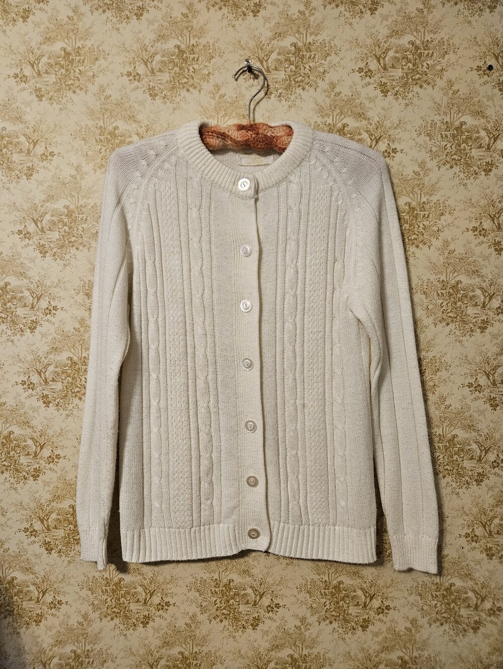 Vintage Mid-Century Cream Cable-Knit Cardigan